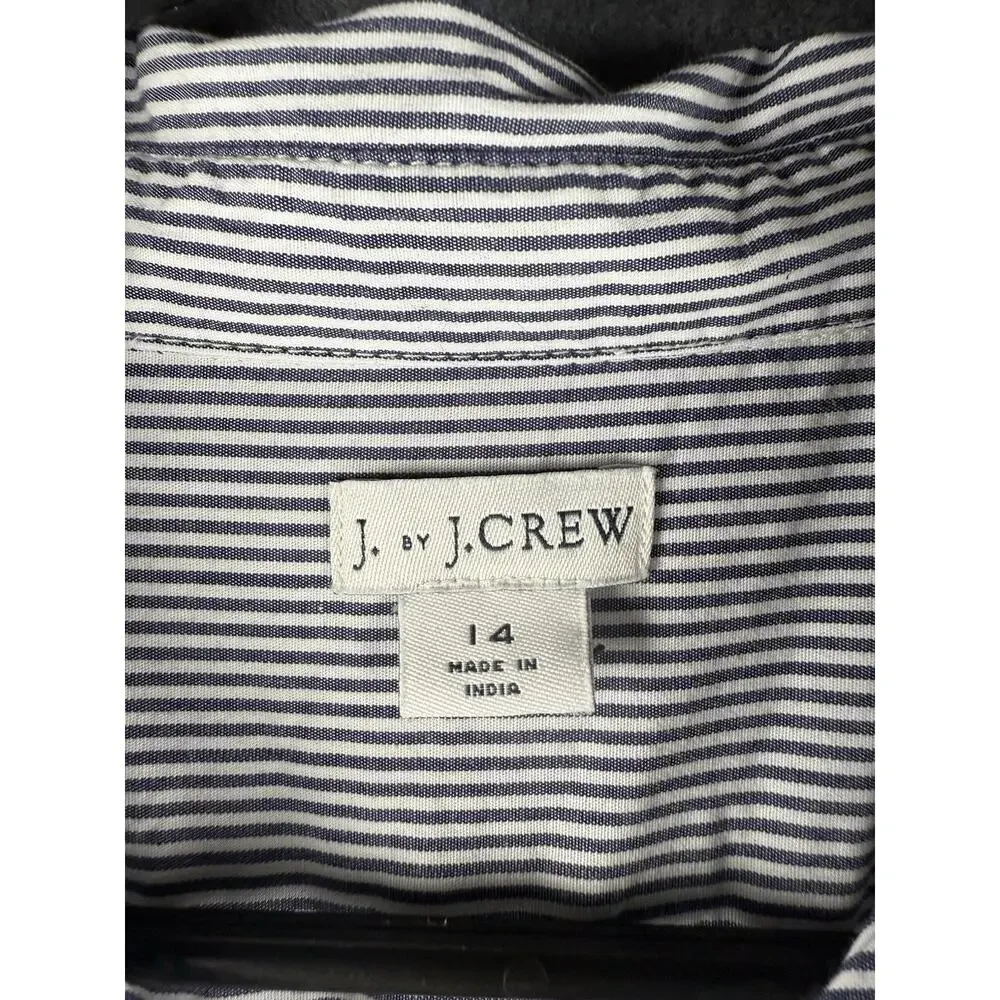 J.Crew Shirt Dress Womens 14 Navy White Striped Button Front Long Sleeve